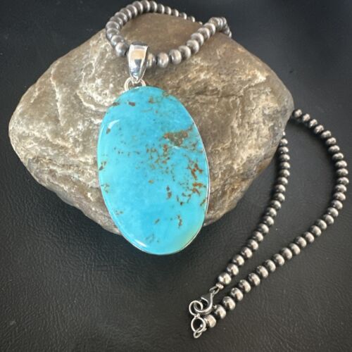 Navajo Blue Kingman Turquoise Pendant Necklace | Sterling Silver | 20" | Authentic Native American Handmade | 16694