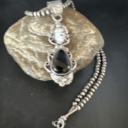 Navajo White Buffalo Turquoise & Onyx Pendant Necklace | Sterling Silver | Multi-Stone | 15315