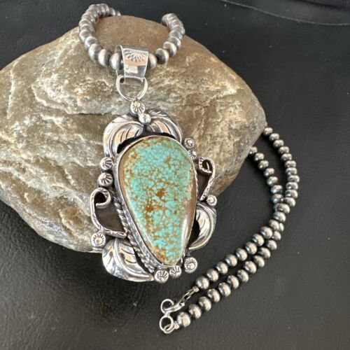 Navajo Blue Turquoise #8 Pendant | Sterling Silver Necklace with Pearls | Authentic Native American Handmade | 15901