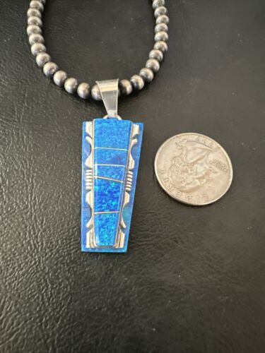 Navajo Blue Opal Inlay Pendant | Sterling Silver Necklace with Pearls | Authentic Native American Handmade | 16905