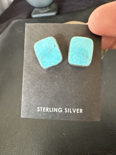 Navajo Blue Kingman Turquoise Post Stud Earrings | Sterling Silver | Authentic Native American Handmade | 17469