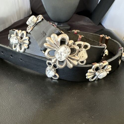 Men's White Buffalo Turquoise Concho Belt | Sterling Silver Navajo Tufa | Authentic Native American Handmade | 16684