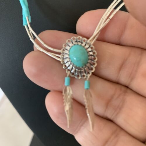 Girls Turquoise Liquid Heishi Necklace | 3-Strand Sterling Silver with Feather Pendant | 02049