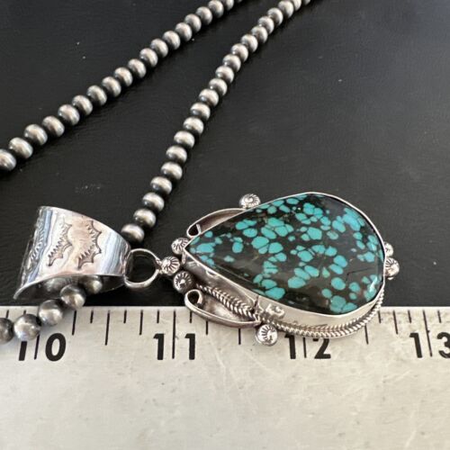 Men's Spiderweb Turquoise Pendant | Navajo Pearls Sterling Silver Necklace | Authentic Native American Handmade | 17067