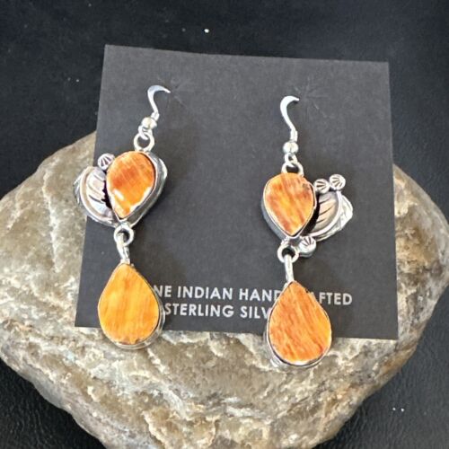 Navajo Orange Spiny Oyster Dangle Earrings | Sterling Silver | 1.5" | Authentic Native American Handmade | 16566