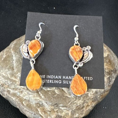 Navajo Orange Spiny Oyster Dangle Earrings | Sterling Silver | 1.5" | Authentic Native American Handmade | 16566