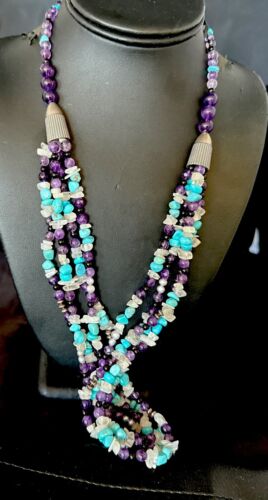 Purple Amethyst Blue Turquoise Necklace | Sterling Silver | Authentic Native American Handmade | 17506