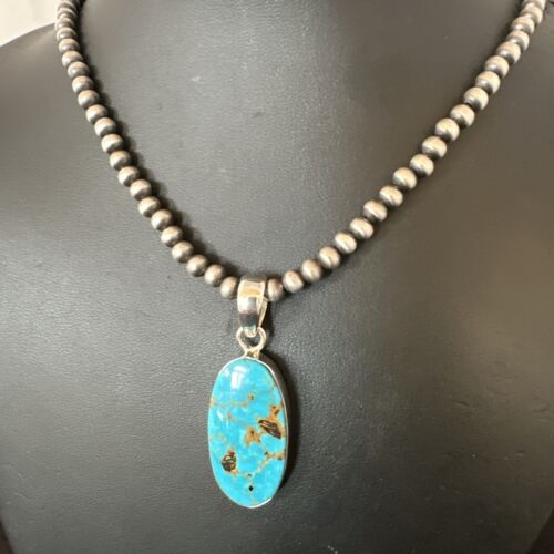 Navajo Blue Kingman Turquoise Pendant with Pearls | Sterling Silver Necklace | 20" | 16994
