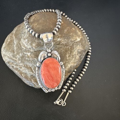 Navajo Red Spiny Oyster Pendant Necklace | Sterling Silver | Authentic Native American Handmade | 15632
