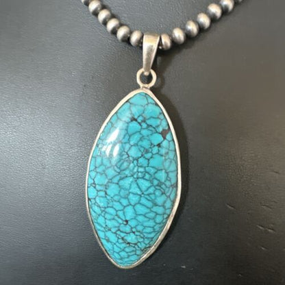 Men's Navajo Blue Spiderweb Turquoise Pendant Necklace | Sterling Silver | Authentic Native American Handmade | 16210