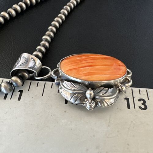 Navajo Orange Spiny Oyster Pendant Necklace | Sterling Silver | Authentic Native American Handmade | 15628