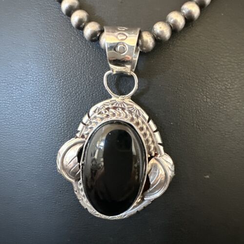 Navajo Pearls Black Onyx Necklace Pendant | Sterling Silver | Authentic Native American Handmade | 16533