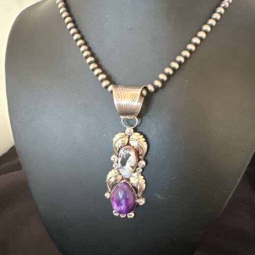 White Buffalo Turquoise & Sugilite Pendant | Navajo Pearls | Sterling Silver | Native American Handmade | 16870