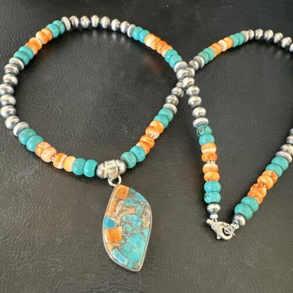 Navajo Spiny Turquoise Pendant Necklace | Sterling Silver | 21" | Authentic Native American Handmade | 17518