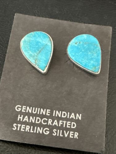 Navajo Blue Kingman Turquoise Post Stud Earrings | Sterling Silver | Authentic Native American Handmade | 17408