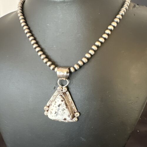 White Buffalo Turquoise Pendant | Navajo Pearls | Sterling Silver Necklace 21" | 17110