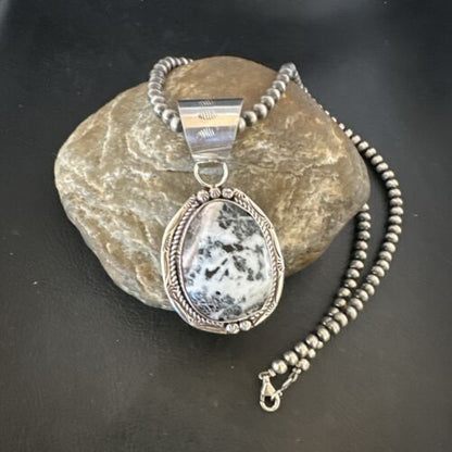Men's White Buffalo Turquoise Pendant Necklace | Navajo Pearl Sterling Silver | 17041