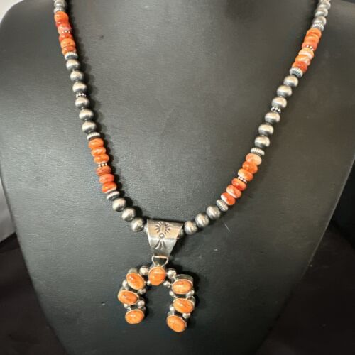 Navajo Pearls Orange Spiny Oyster Naja Pendant | Sterling Silver Necklace | Authentic Native American Handmade | 16804