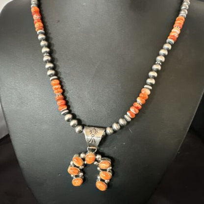 Navajo Pearls Orange Spiny Oyster Naja Pendant | Sterling Silver Necklace | Authentic Native American Handmade | 16804
