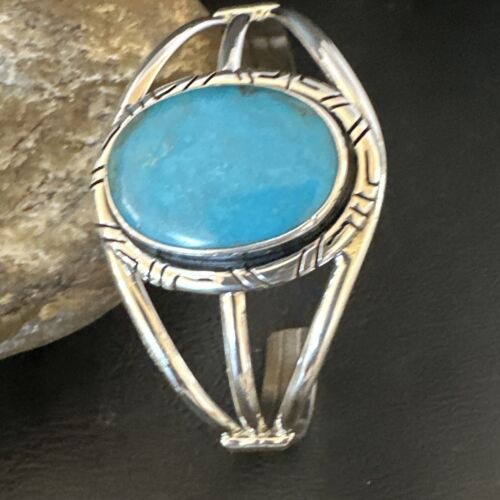 Navajo Blue Kingman Turquoise Cuff Bracelet | Sterling Silver | Authentic Native American Handmade | 16247