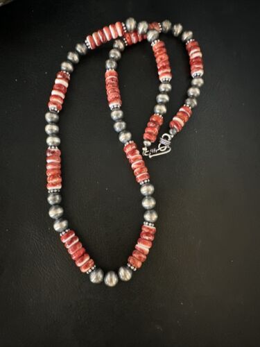 Navajo Pearls Red Spiny Oyster Necklace | 8mm Sterling Silver | Authentic Native American Handmade | 22" | 14850