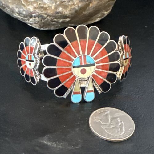 Zuni Blue Turquoise Coral Sunface Cuff Bracelet | Sterling Silver Inlay | Authentic Native American Handmade | 15059