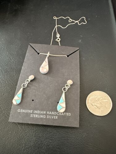 Zuni Turquoise & Pink Mother of Pearl Inlay Pendant Necklace & Earrings Set | Double Sided | Sterling Silver | Native American Handmade | 17493