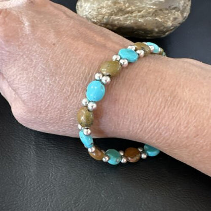 Women's Blue Turquoise Bead Bracelet | Southwestern Sterling Silver Link | 8" | 17232
