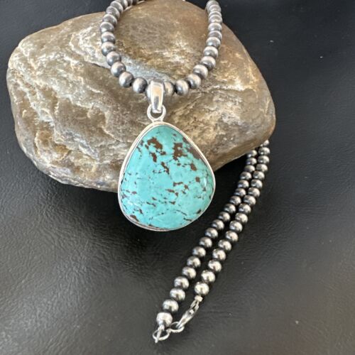 Men's Navajo Blue Spiderweb Turquoise Pendant Necklace | Sterling Silver | Authentic Native American Handmade | 16229