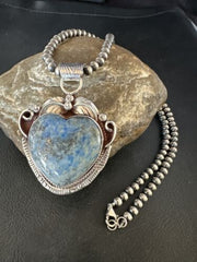 Navajo Blue Heart Denim Lapis Pendant Necklace | Sterling Silver Pearls | Authentic Native American Handmade | 15521