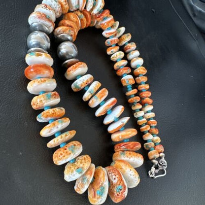Navajo Blue Turquoise & Spiny Oyster Graduated Necklace | Sterling Silver | Authentic Native American | 24" | 16263 - Masha USA