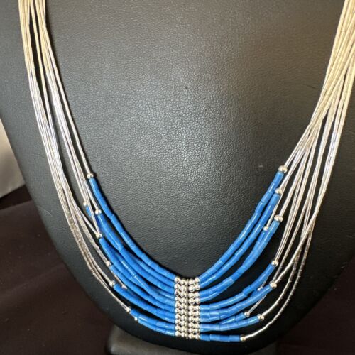 Navajo Denim Lapis Heishi Necklace | 10 Strand Sterling Liquid Silver Tube | 22" | 16319