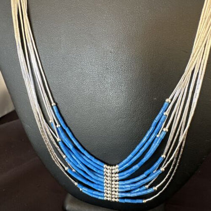 Navajo Denim Lapis Heishi Necklace | 10 Strand Sterling Liquid Silver Tube | 22" | 16319