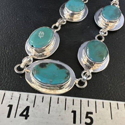 Navajo Blue Turquoise Link Bracelet | Sterling Silver | 8" | Authentic Native American Handmade | 15477