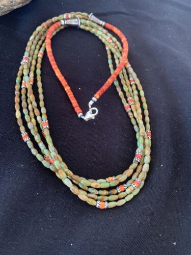 Navajo Sterling Silver Graduated Turquoise Spiny Bead Necklace | 3 Strand | Authentic Native American Handmade | 00577