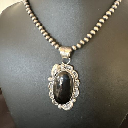 Navajo Pearls Black Onyx Necklace Pendant | Sterling Silver | Authentic Native American Handmade | 16531