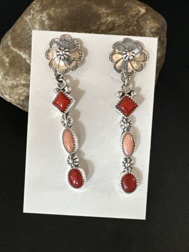 Navajo Red Pink Coral Mother of Pearl Dangle Earrings | Sterling Silver | Authentic Native American Handmade | 15327