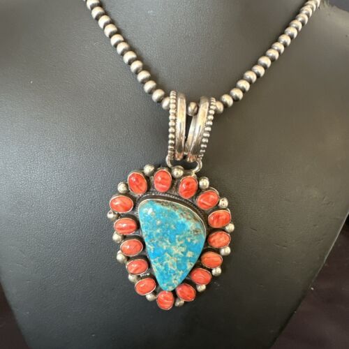 Navajo Turquoise Spiny Oyster Cluster Pendant Necklace | Sterling Silver | Native American Handmade | 17151