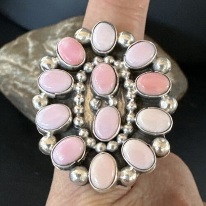 Navajo Pink Coral Multi-Stone Cluster Ring | Authentic Native American Sterling Silver | Multi-Stone | Sz 8.5 | 15365