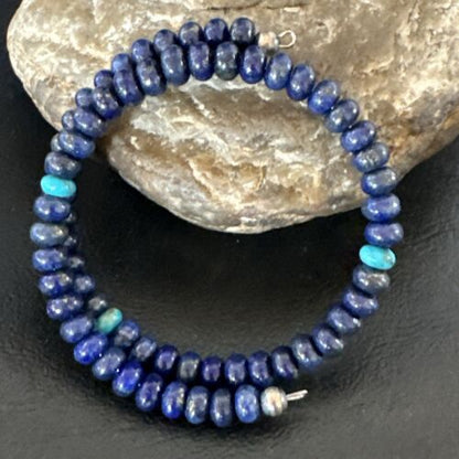 Navajo Lapis Turquoise Heishi Bracelet | Stainless Steel Memory Wire 6mm | Authentic Native American Handmade | 17614