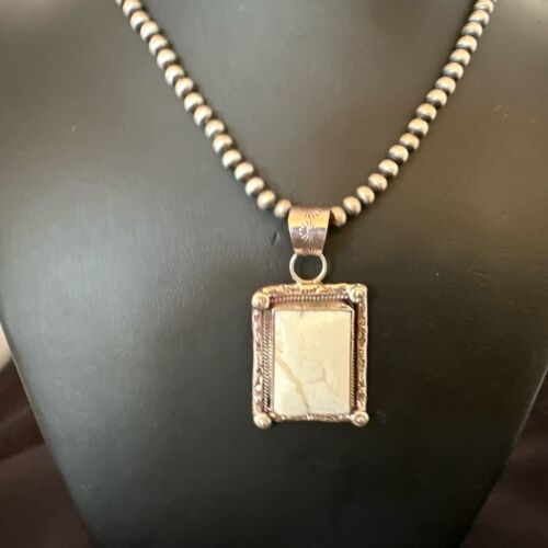 Navajo White Buffalo Turquoise Pendant | Sterling Silver Pearls Necklace | Authentic Native American Handmade | 17101