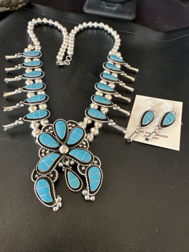 Zuni Kingman Turquoise Inlay Squash Blossom Necklace & Earrings | Sterling Silver | 16544