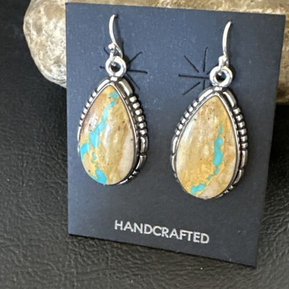 Navajo Blue Boulder Turquoise Dangle Earrings | Sterling Silver | Authentic Native American Handmade | 16497