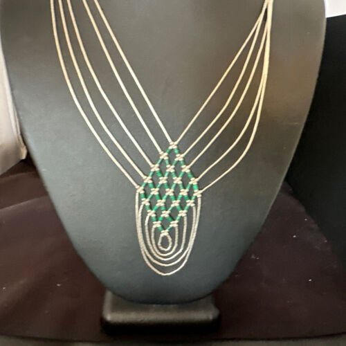 Crisscross Green Malachite Heishi Necklace | 5 Strand Liquid Sterling Silver | 22" | 15884