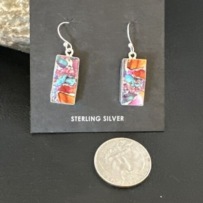Navajo Blue Turquoise & Red Spiny Oyster Inlay Dangle Earrings | Sterling Silver | Native American Handmade | 15576