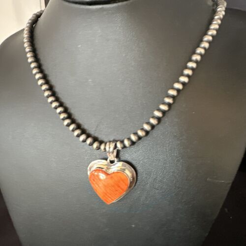 Navajo Orange Heart Spiny Oyster Pendant | Sterling Silver Necklace | Authentic Native American Handmade | 15014