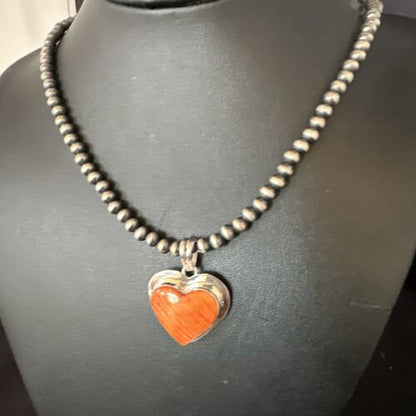 Navajo Orange Heart Spiny Oyster Pendant | Sterling Silver Necklace | Authentic Native American Handmade | 15014