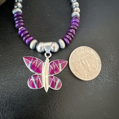 Navajo Butterfly Purple Sugilite Pendant Necklace | Sterling Silver Inlay | Authentic Native American Handmade | 16761