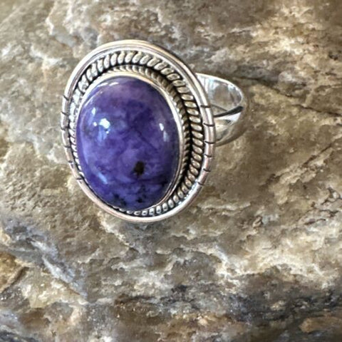 Women's Adjustable Purple Charoite Navajo Sterling Silver Oval Ring Size 10 15542