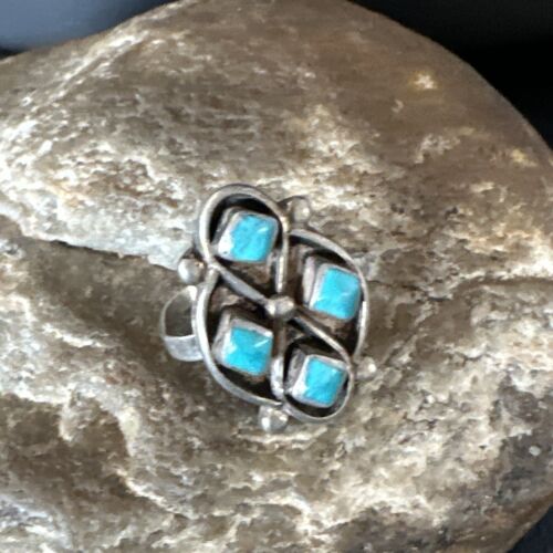 Navajo Blue Kingman Turquoise Cluster Ring | Authentic Native American Sterling Silver | Multi-Stone | Sz 5 | 15357